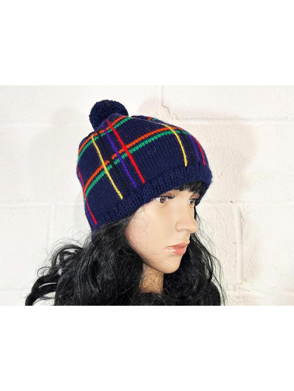 Vintage Plaid Wool Winter Hat Navy Blue Rainbow Knit Beanie Pom 1970s 1960s
